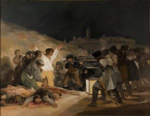 romantyzm, Francisco Goya, ,,Rozstrzelanie powstańców madryckich 3 maja 1808 roku’’ , olej na płótnie, 1814, Prado